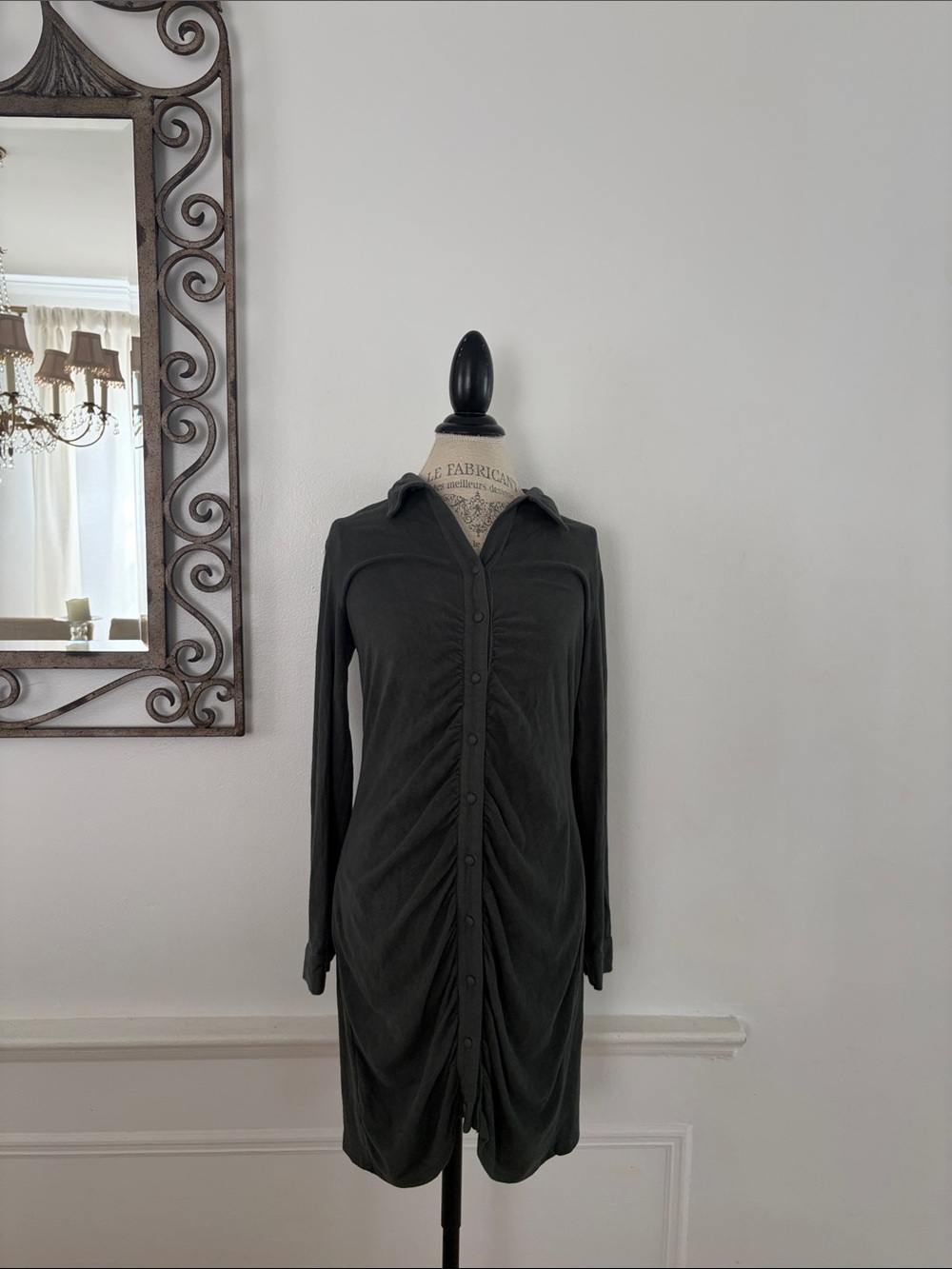 She + Sky Black Ruched Button-Front Long-Sleeve Shirt Dress